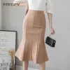 Dames Hoge Taille Midi Rokken Plus Size Ruffles Black Khaki Beige Office Ol Rok Mode Pakket Heup Mermaid Womens 210629