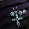 Bransoletka, kolczyki Naszyjnik Naturalny i Real Emerald Jewelry Set 925 Srebro 1 pc Cross Wisiorek, Pierścień 1 pc, 2 sztuk Kolczyk