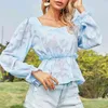 Long Sleeve Transparent Blue Blouse Tops Women Casual Pelpum Short Mesh Vintage Spring Autumn Flower Blusa Mujer 210427