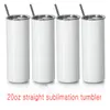 US STOCK Sublimation Blanks Tumbler White 20OZ Straight Stainless Steel Tumbler with Plastic Straw And Lid