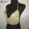 Женщины akyzo Женщины без спинки роскошная Camis Crop Top Fashion Chunky Metal Chain Diamond Hollow Out Plunge Halter Tops 210326