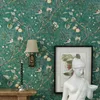 Wallpapers American Country Rustic Style Vintage Nostalgic Living Room Bedroom Dark Green Flowers And Birds TV Back Wall Paper