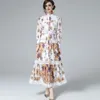 Women's Runway Dress Stand Collar Long Sleeves Printed Striped Lace Piping Elegant Fashion Dresses Vestidos