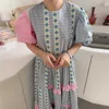 Korejpaa Frauen Kleid Sommer Korean Chic Damen Western Stil Rundhalsholz Ohren Kontrast Blume Lose Puffhülse Vestido 210526