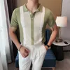 Men's Polos Vintage Patchwork Knit Slim Shirts Men Fashion Summer Short Sleeve Casual Lapel Button Tops Mens Streetwear