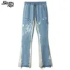 Mężczyźni Vintage niebieskie dżinsy dzwony kolor blok Patchwork Hi Street Caro spodnie jeansowe hiphopowy sweter Oversize workowate spodnie dżinsowe 211011