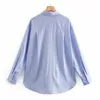 Vuwwyv Blue Paski Oversize Koszule dla kobiet Casual Plised Collar Button Up Koszula Długi Rękaw Asymetryczny Obróć Topy 210430