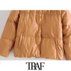 TRAF Women Fashion Faux Läder Tjock varm vadderad jacka Coat Vintage Långärmade fickor Kvinnor OuterWear Chic Toppar 211007
