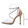 2021 Luxury Rhinestones Stiletto High heels Fashion Transparent PVC Ankle strap buckle Women Pumps Summer Office Lady Shoes K78