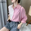Autunno Puff a maniche lunghe Pink Moda Donne Camicette Colore Coreano Camicia cucita Single Breasted Blusa 12127 210427