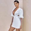 OCSTRADEホワイトボディードレス女性ロングスリーブボディーコンドレス新しいファッション2021夏のセクシーなディープVネックバックレスクラブパーティードレス210322