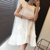 Coréen Summer Solid Vintage Blanc Noir Mini Robe Femmes Sans Manches Plissé Volants Dames Casual Lâche Robe Robe Femme 210514