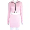 Ecoine cor rosa zipper jaqueta colheita superior mini saia set party club outfits dois pedaço conjunto manga longa outono mulheres roupas novas y0702