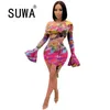 Aanbevelen Style Tie Dye Sexy Club Outfits Dames Sets Kleding Flare Mouwen Crop Top Mini Bodycon Rok Bandage Jurken 210525