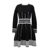 Black And White O Neck Full Long Sleeve Flare Geometric Knitted Knee Length Autumn Winter Dress Elegant D0752 210514