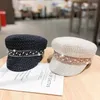 Frauen Hut Flache Kappe Militär Kappe Frühling Herbst Perle Strass Bailey Cap Einfarbig Flache Top Militär Hüte Junge Student 214T