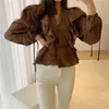 Herbst Koreanische Vintage Rüschen Blusen Shirts Frauen Langarm V-ausschnitt Mode Elegante Tops Tuniken Weibliche Solide Damen Blusa 210513