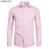 Marka Różowy Mężczyzna Sukienka Koszule Moda Slim Fit Długą Rękawę Koszula dla Mężczyzn Koszulka Top Quality Cotton Casual Koszula z kieszenią 210522