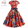 Kobiety Vintage Sukienka Lato Kwiatowy Druku Krótki Rękaw Sukienki 50s 60. Biuro Party Rockabilly Huśtawka Retro Pinup Plus Rozmiar 210623