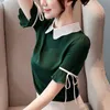 ブラウス女性半袖シフォン女性のシャツ夏の甘い人形襟の固体3463 50 210508
