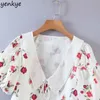 Mulheres Blusa Floral Camisa Sexy profundo V Neck Lanterna Lanterna Moda Crop Top Elegant Senhoras Camisas Plus Size Tops 210514