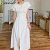 Minimalist French Elegant White Tea Sukienka Temperament High Waist Slim Long Maxi Plus Size Zipper Krótki Rękaw Kobiety 210601