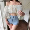 MATAKAWA Floral Woman Bouses Summer French Vintage Lantern Sleeve Ladies Shirt One-shoulder Women Blusas Short Top 210513