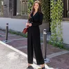 Office Lady Elegant Wide Leg Jumpsuits Women Autumn Solid Color Rompers Belted Waist Wear Playsuits Long Pants Overalls 210514