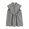 Qooth Rétro Plaid Col En V À Manches À Volants Pull Robe Femmes D'été Style Robe Lâche Causal À Manches Courtes Robe QT704 210518