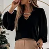 Decoratieve ketting sexy v-hals dames blouse vrouwen elegante effen lange mouw trui tops lente herfst casual losse shirt blusas vrouwen Blo