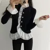 Retro Black Vintage Tops Patchwork Full-Sleeved Chic Ruffles Basewear Basic Warm Casual Tee Pullovers T-shirts 210525
