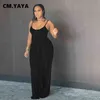 CM.YAYA Women Sets Solid Sleeveless Spaghetti Strap Back Hollow Out X-long Tops Loose Floor-length Pants 2 Piece Set Summer 211105