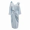 Blue White Turn Down Collar Shirt Dress Half Sleeve Solid Cross Cold Shoulder Midi Casual D0618 210514