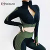 Chleisure Women 2 Piece Set Dressuit Zagwizwy Z Długim Rękawem Crop Top i Push Up Legginsy Patchwork Sexy Zestawy Fitness 210930