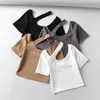 Kvinnors T-shirt Skinny Short Crossbody Midriff-Baring Top High Waist Halter Sleeve