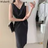 Korean Dress Women Sexy Backless V Neck Solid Vestidos Elegant Sleeveless Robe Office Lady Lace-up Bow Party Dresses 210519