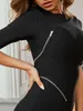 Hiver Femmes Sexy Designer Split Zipper Manches Noir Bandage Robe Élégante Moulante Parti Robe 210527