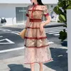 Summer Flower Embroidery Mesh Dress Women Short Sleeve O-Neck Bow Vintage Female High Waist Slim Party Robe Vestidos 210519