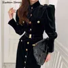 Automne Hiver Bouton Doré Robe Noire pour Femmes Chic Vintage Robe Maxi Robes Dames Bureau Affaires Vêtements Coréens 211221