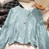 Kimutomo pomarszczone V-Neck Bluzka Kobiety Rękaw Puff Rękaw Pearl Single Breasted Short Shirt Damska Wczesna Wiosna Koreański Styl Chic Topy 210521