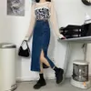 Chic harajuku jeans kjol kvinna höst split sexig denim femme hög midja lång s vintage sida dragkedja Saia 210621