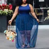 4XL 5XL Plus Size African Women Dress Blue High Waist Transparent Floor Length Sexy Night Club Wear See Through Long Dresses 210510