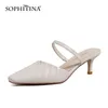SOPHITINA Elegant Stiletto Sandals Women Square Toe Pleated Design Shoes Leather Office Lady Simple Slip-On Female Shoes AO233 210513
