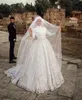 Linia Muzułmańska Suknie Ślubne Koronki Długie Rękaw Retro Suknie Ślubne z Veil Sweep Pociąg Vestido De Novia