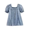 Summer Puff Sleeve Short Sleeve Denim dresser Korean Pure Color Dress Trendy Girls' Wear kids dresses for girls Q0716