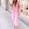 민소매 와이드 다리 핑크 jumpsuits womens rompers Chic Streetwear 버튼 캐주얼 바지 V 목 주머니 210427