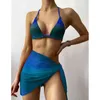 Mossa Sexig Tie Dye Bikini 2021 Halter Push Up Badkläder Kvinnor 3-Piece Mesh Kjol Baddräkt String Badkläder Triangel Swimming X0522
