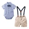 Bomull Baby Barnkläder Set Toddler Boys Sommar Gentleman Bow Tie Kortärmad T-shirt + Övergripande Shorts Sets 210429