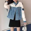 Kobiety Blue Denim Jacket Hit Color Pocket Długie Rękawy Jean Stand Collar Loose C0173 210514