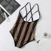 One-Pieces Personality V Neck Women Swimwear Sexy Backless High Waist Swimsuit INS Fashion Letter Striped Printed Bathing Suit